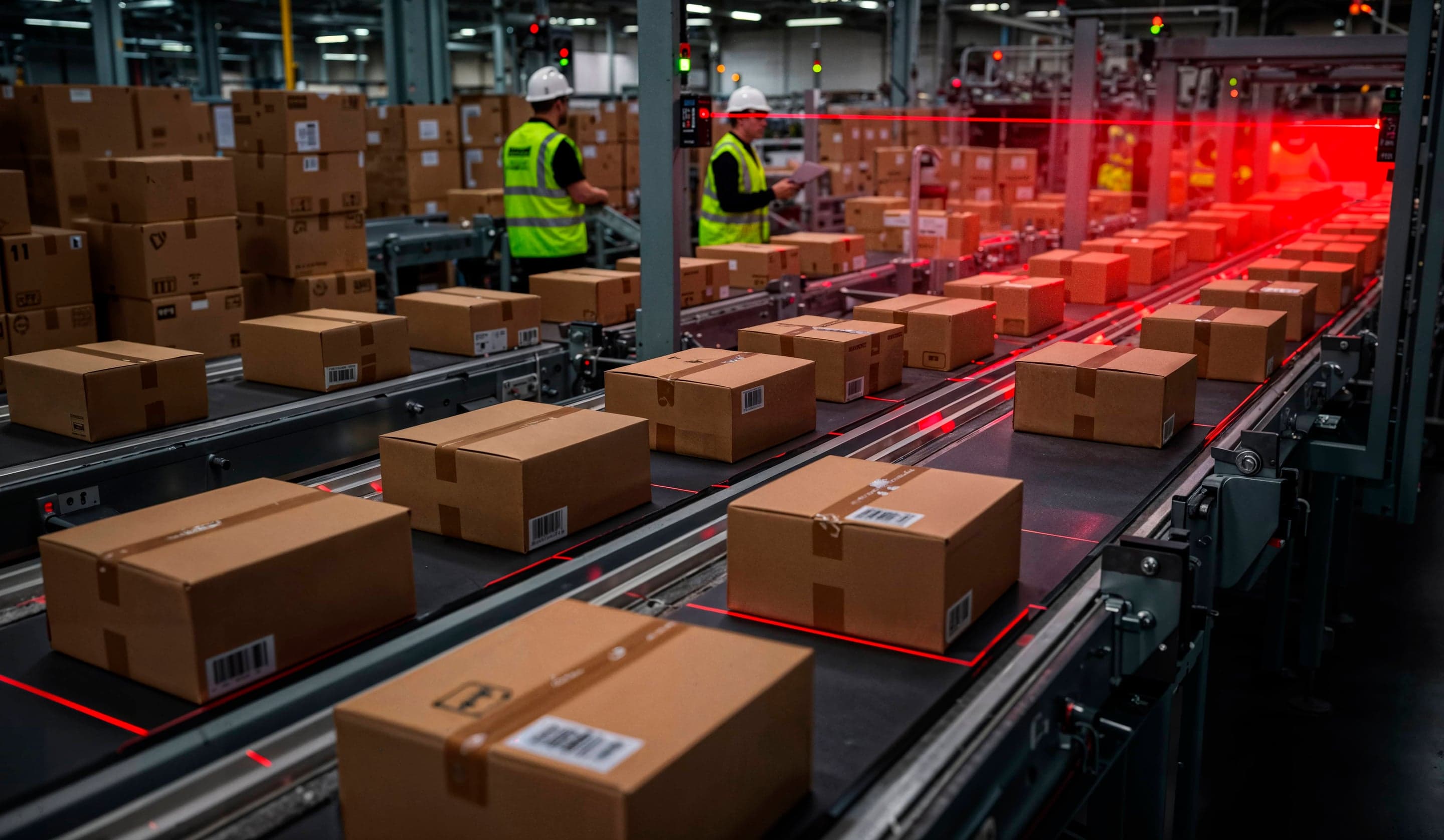 Warehouse workers beside a parcel conveyor