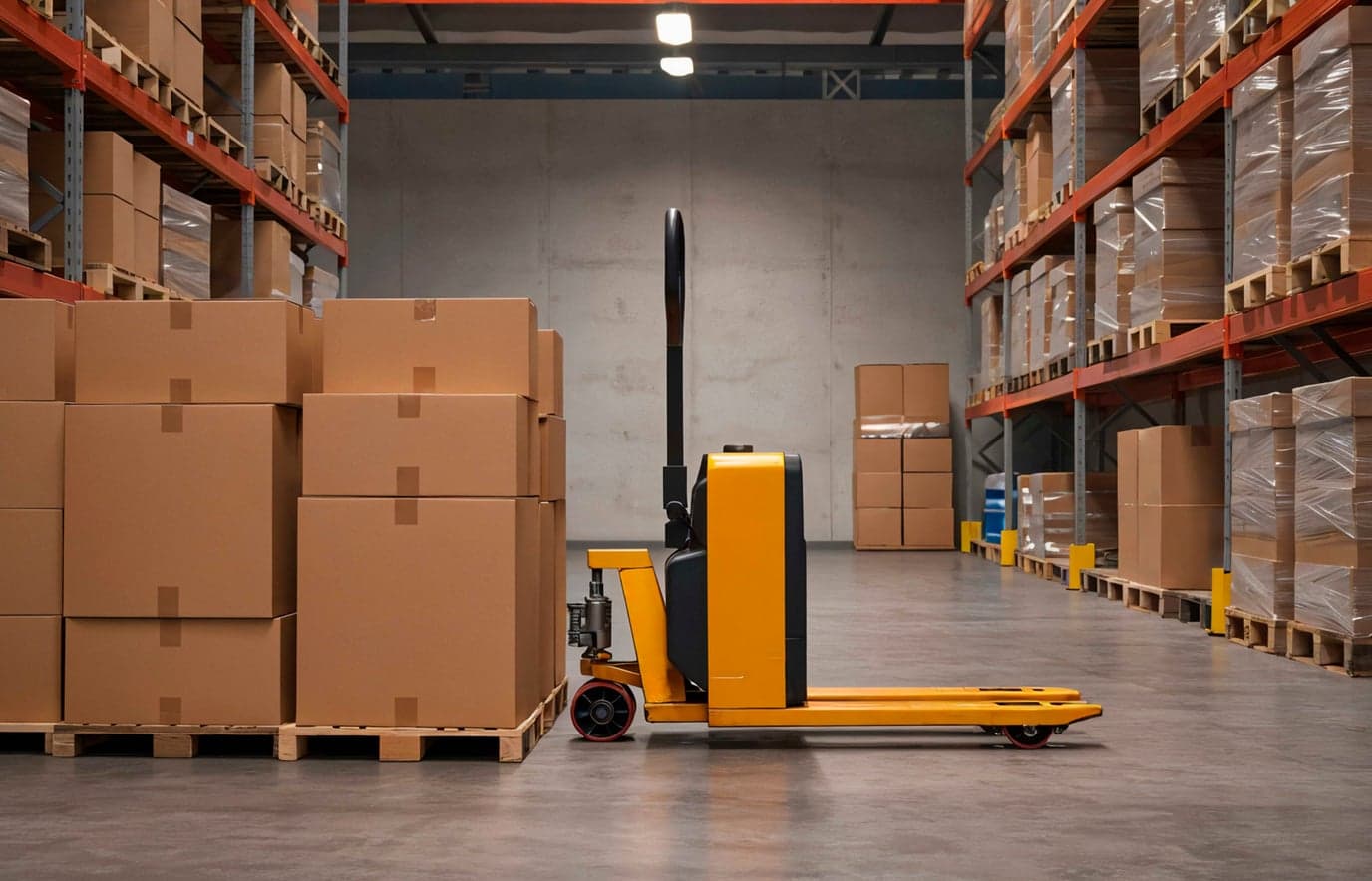 Warehouse with stacked boxes and a pallet jack