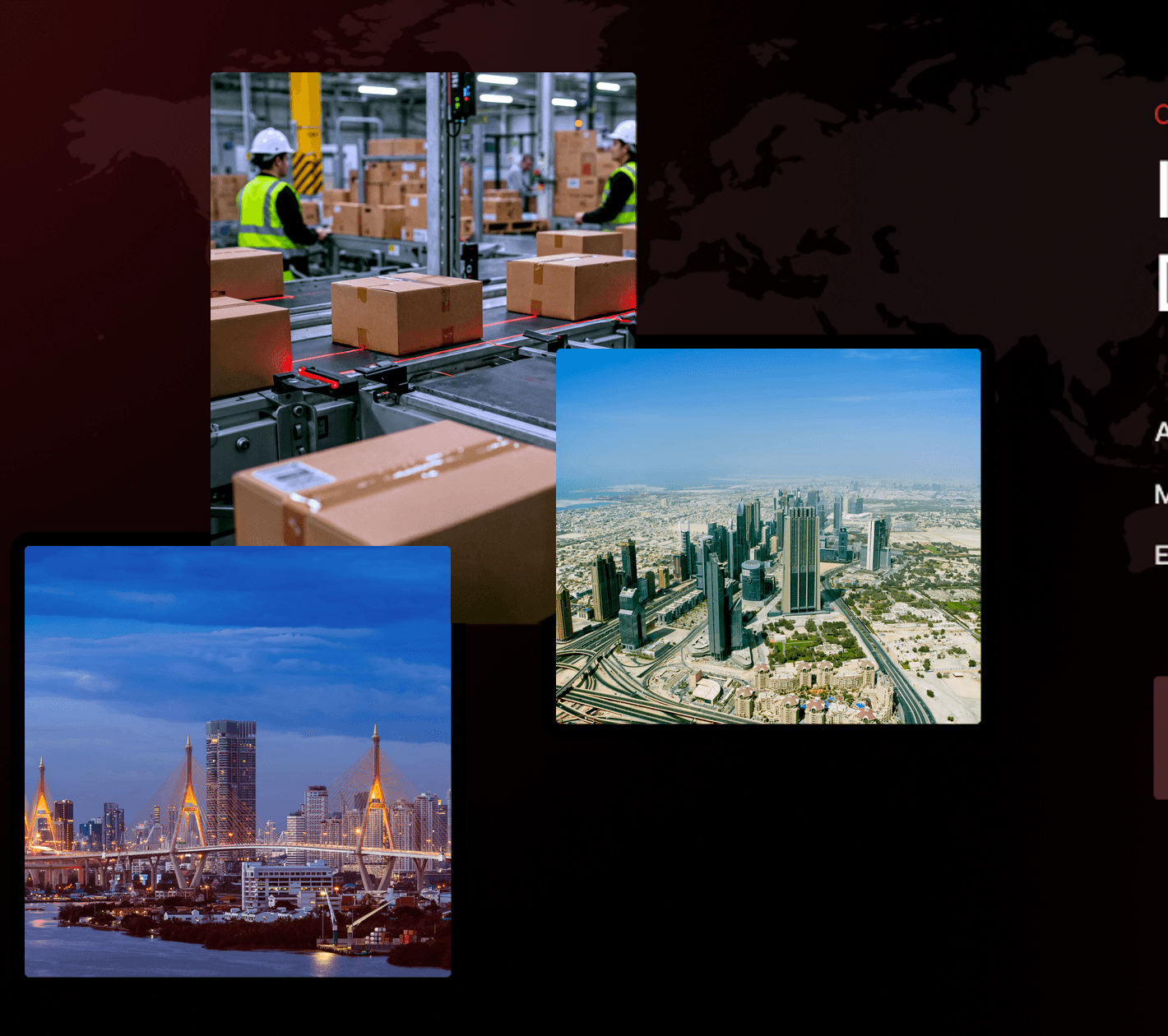 Warehouse operations, Dubai skyline and Bangkok's Bhumibol Bridge over a world map